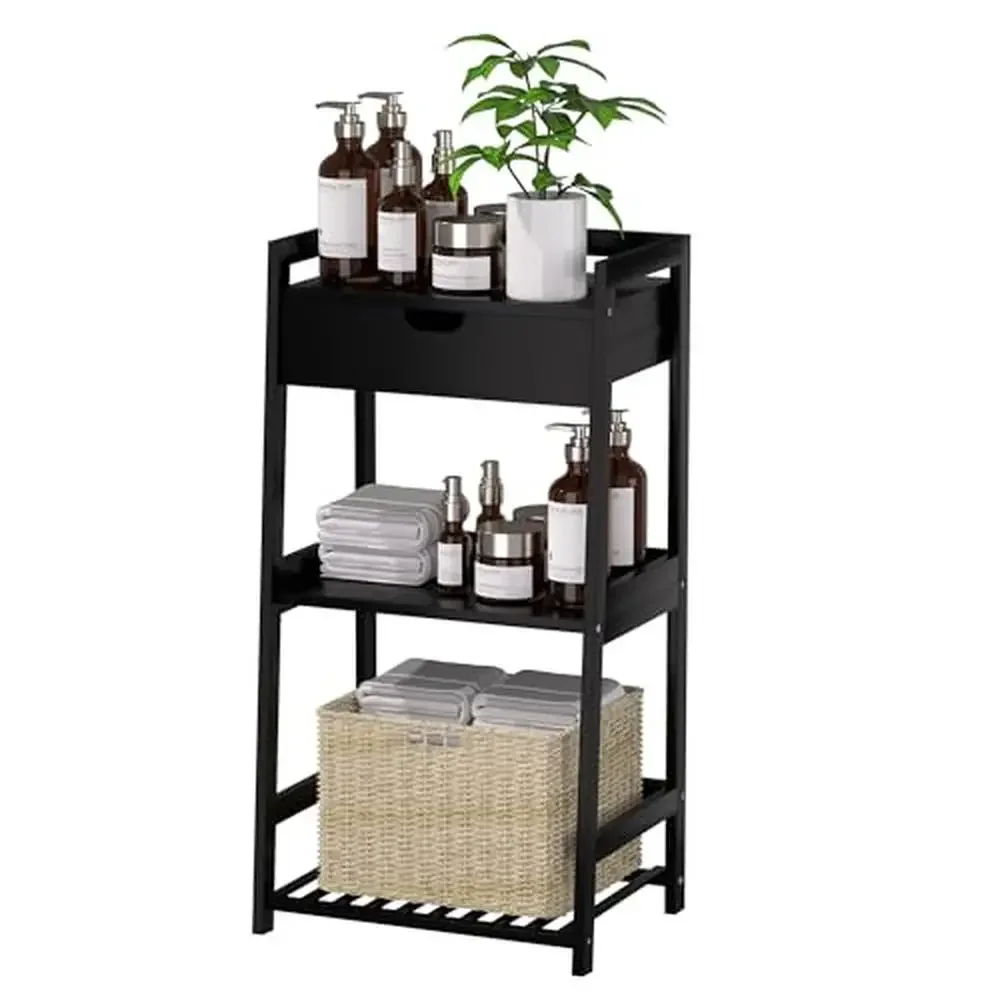 

3 Tier Bamboo Ladder Shelf Drawers Open Handle Design Rust Proof Living Room Bedroom Plant Stand Tray Bookcase End Table
