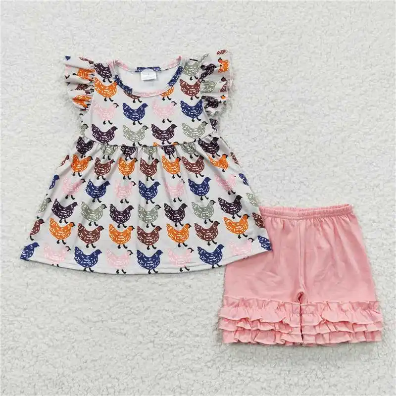 

Wholesale Girls Summer sleeveless Shorts With Multi-Element Pattern Printing And Bright cColors With Three Layers Of Ruffle