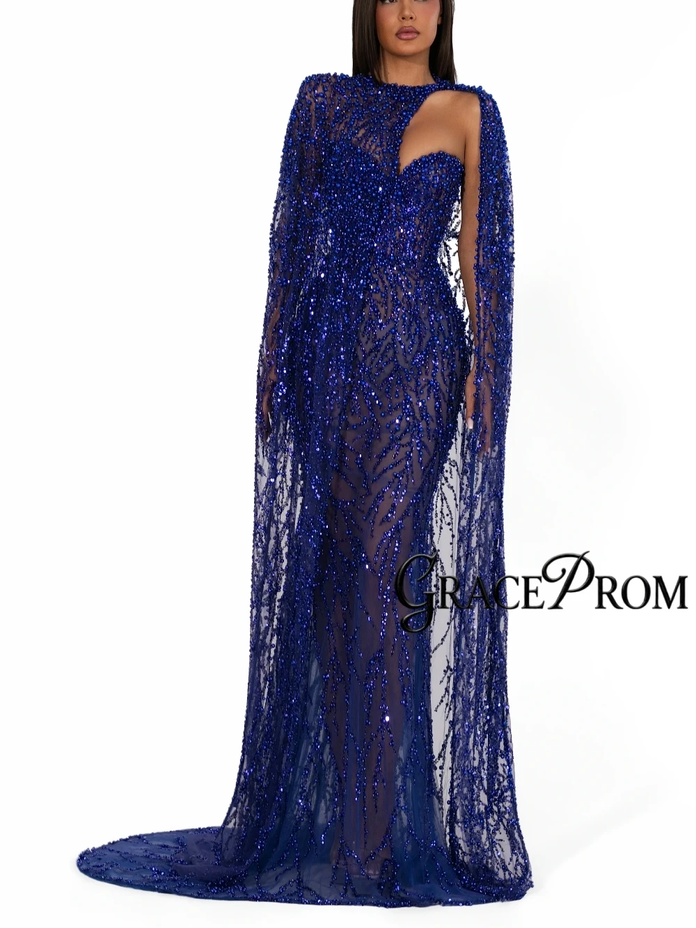 

GRACEPROM Sexy Royal Blue Mermaid Evening Gown With Long Cape Beaded Sequined Sheer Tulle Customized Wedding Guest Prom Dress