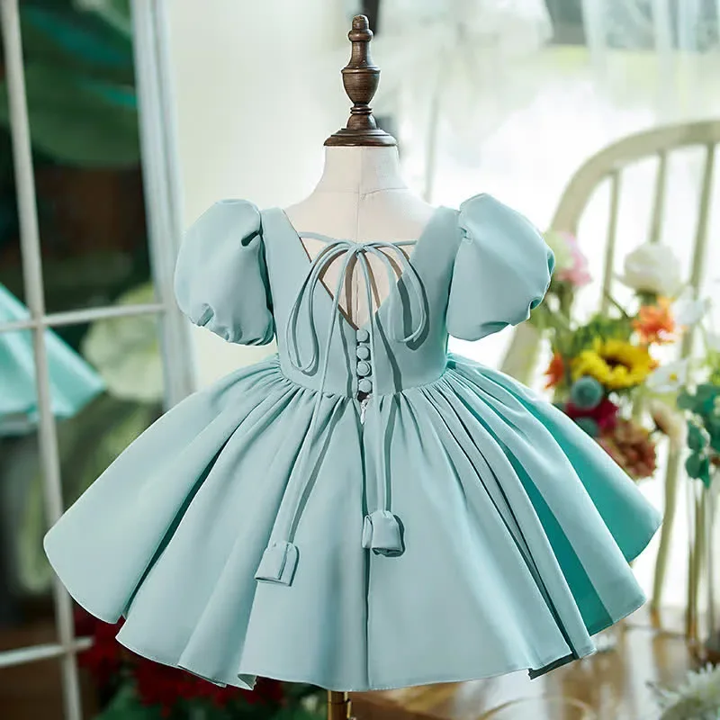 Flower Girl Dress For Wedding Birthday First Communion Square Neck Puff Sleeves Satin Gowns Customized
