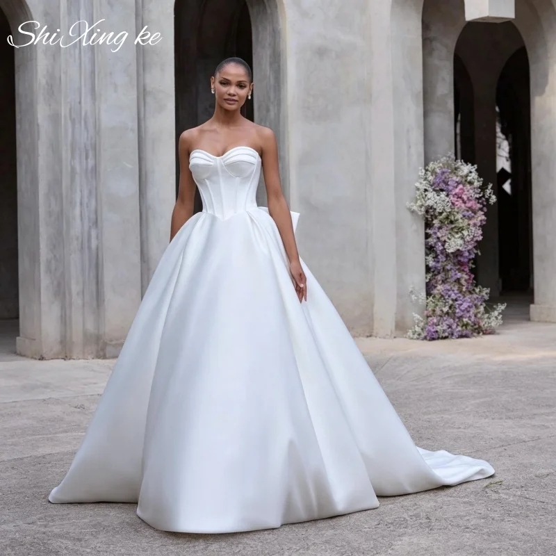 Sweetheart Strapless Satin Bridal Wedding Dress 26 Large Bow Classic Church Bride Gown Vestidos De Novia Customized