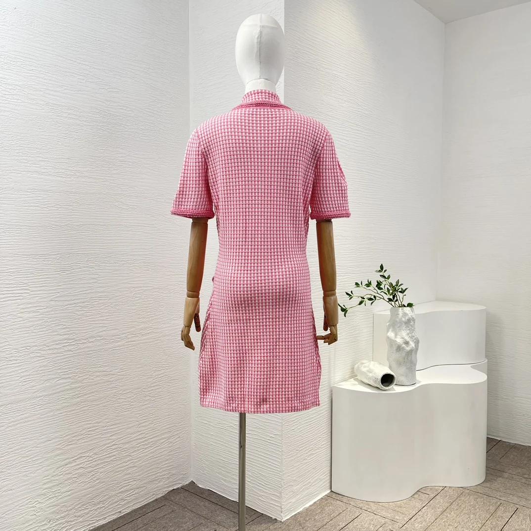 2024 Mew Women High Quality Pink/Blue Plaid Short Sleeve Slim Knitted Mini Dress