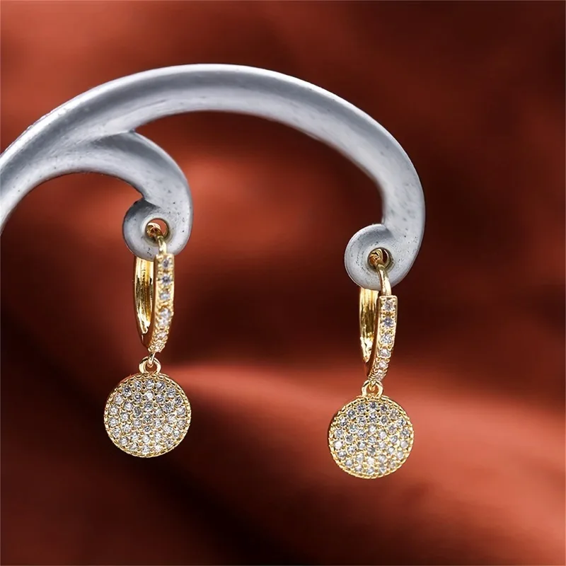 Golden Color Dangle Earrings with Shiny Zircon Decor Elegant Minimalist Double Loop Design Hoop Earrings Jewelry Gift for Women