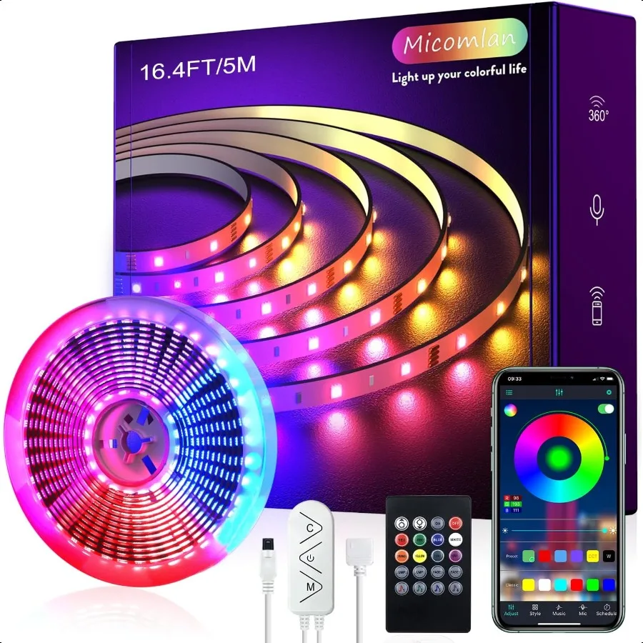 

16ft 5M Led Strip Lights Controller and Bluetooth APP Controlled Rope Lighting for Bedroom Home Decoration Music Sync Color Cha