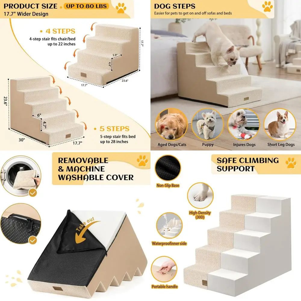 

5-ярусная лестница для домашних животных, нескользящие ступеньки с высотой 23,6 для маленьких собак, 17,7x30x23,6 дюйма, бежевый