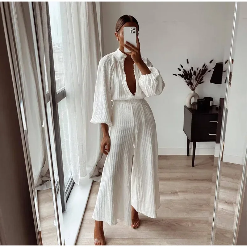 Autumn Winter White Stand Collar Casual Pleated Buttons Flare Pants Suit New Women Elegant High Waist Bishop Sleeve 2 Piece Set