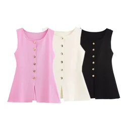 PB&ZA2024 Autumn New Women's Fashion Style Slimming and Versatile Round Neck Knitted Sleeveless Vest