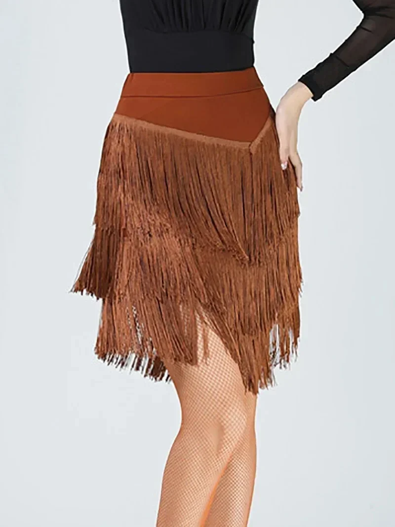 Fringed Design Skirt Elegant High Waist Latin Dance Tassel Skirt for Women Professional Dance Training Performance Clothes Solid