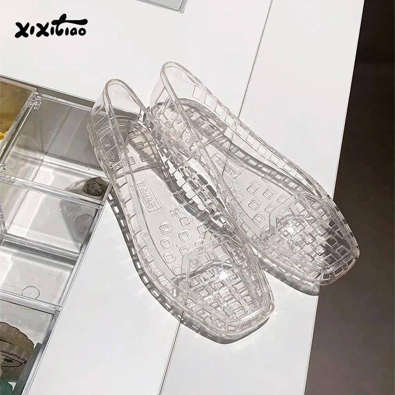 XIXITIAO Summer Women's Sandals French Crystal Casual Fashion 2026 Elegance Flat Transparent Silver Hollow Jelly Shoes Ladies image 4
