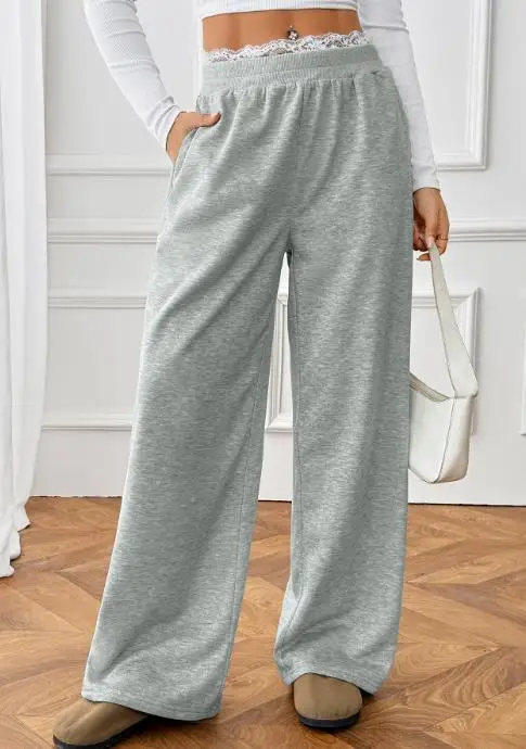 

Autumn 2025 Y2K New Lace Splicing Fake Two-Piece Casual Straight Leg Pants for Women Fashionable High Waisted Straight Leg Pants