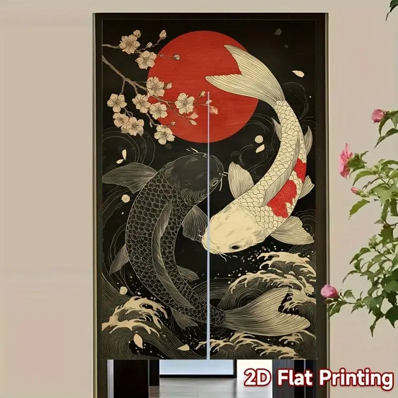 VIKAMA Noren Door Curtain Japanese Yin Yang Koi Sakura Wave Printed Partition Curtain Kitchen Bedroom Entrance Home Hanging Deco