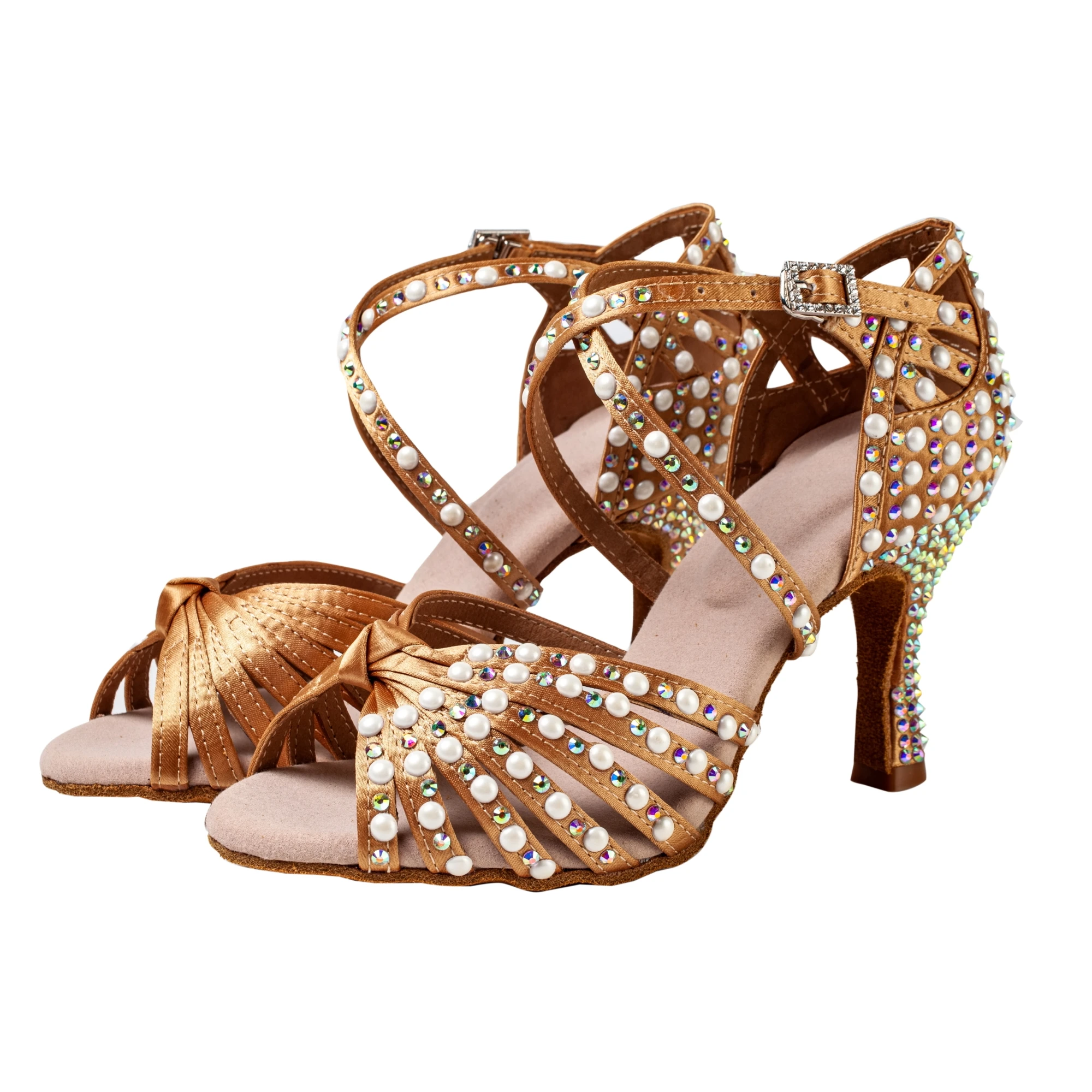 Профессиональная обувь для латинских танцев для женщин и взрослых, мягкая подошва на среднем каблуке 7,5 см с жемчугом и цветными бриллиантами, новые танцевальные сандалии
