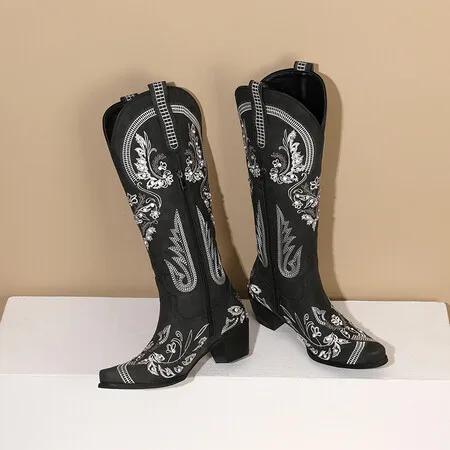 Vintage Cowboy Boots Low Heel Autumn Winter Women Shoes British Embroidered Design Western Mid-calf Boots Party Femmes Bottes