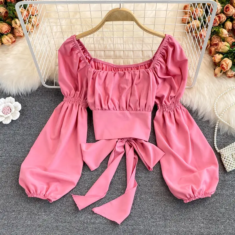 Square Necked Backless Strap Blouse Korean Version Long Sleeved Short Shirt Retro Slim Fit Chiffon Sweet Spicy Style Women's Top