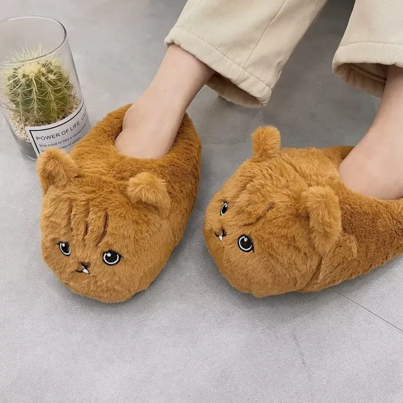 Cute Cartoon Cat Indoor Fluffy Slippers For Women Men Funny House Shoes Warm Faux Fur Anti-slip Couples Winter Home Cotton Shoe view 2