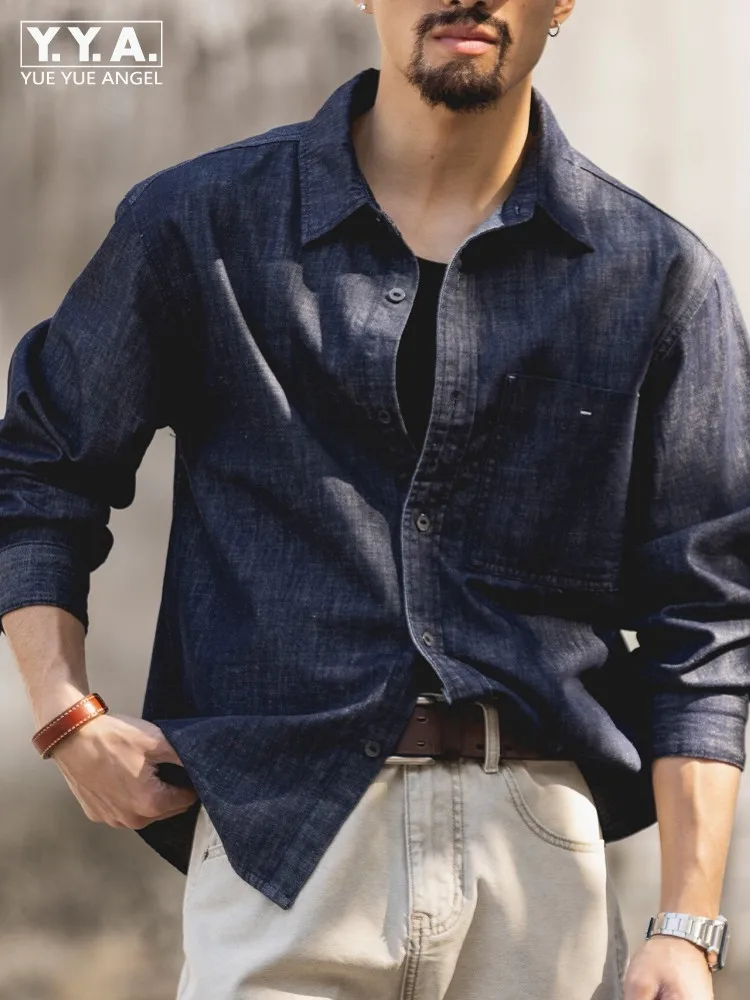

Vintage Mens Business Casual Work Denim Tops Long Sleeve Single Breasted Loose Fit Cargo Shirts American Style Spring New Tops
