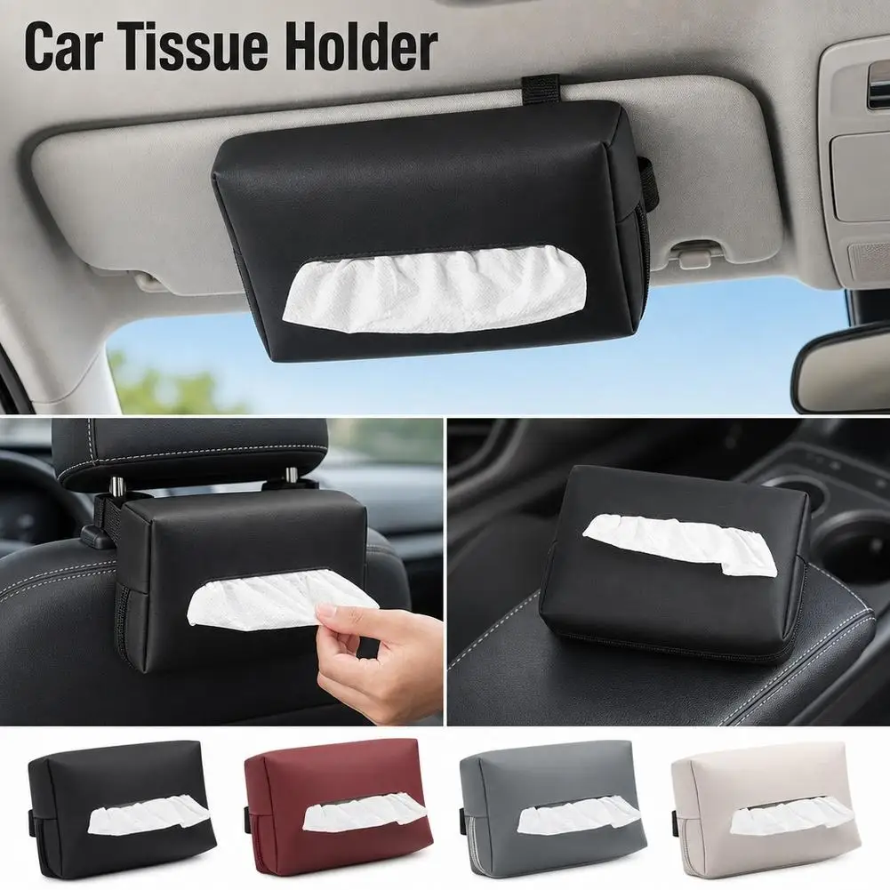 Car Tissue Holder, Adjustable PU Leather Hanging Tissue Box for Car Interior, Seat Back Sun Visor Paper Storage Organizer