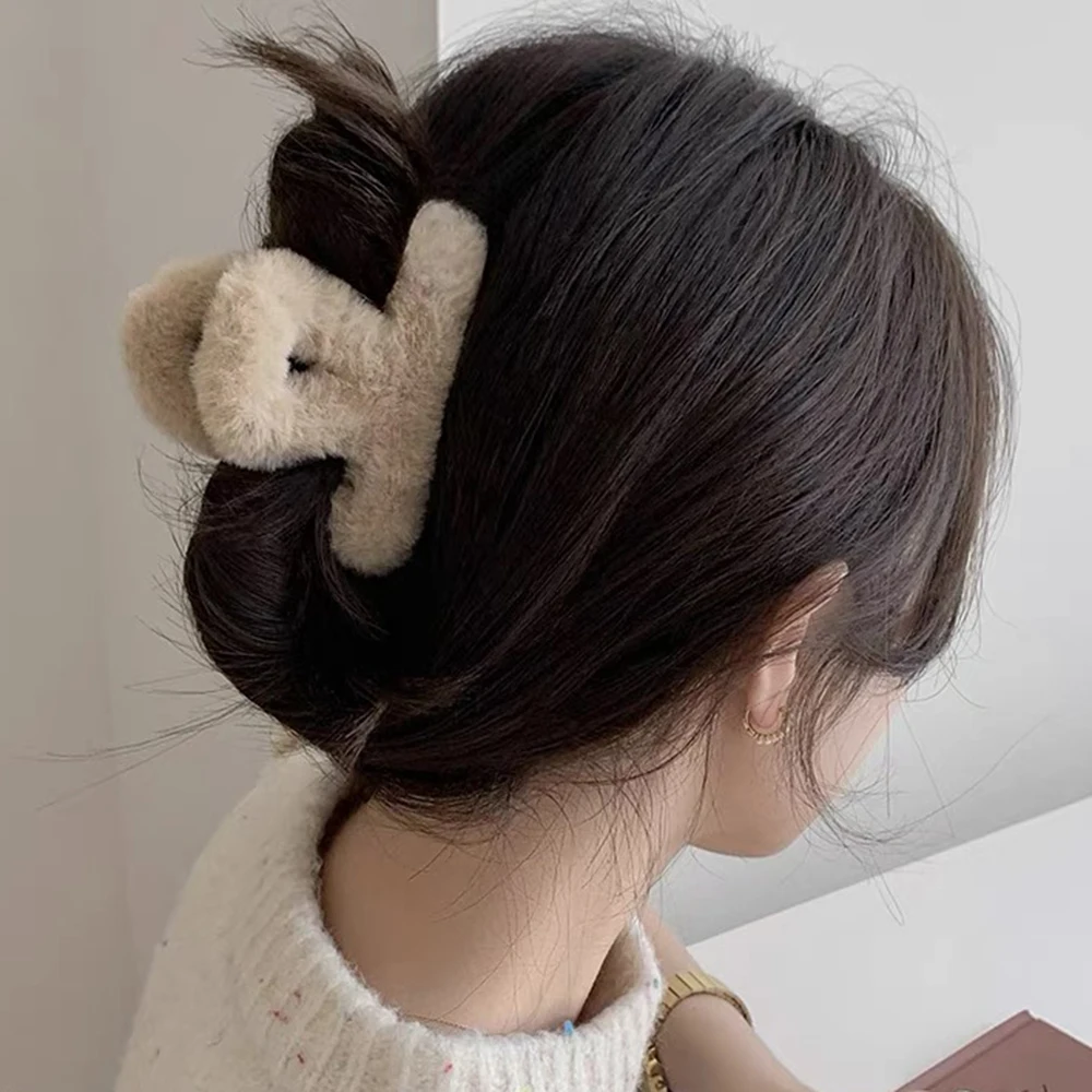 9.5cm Plush Short Clip Black Hair Claw Cute Ponytail Hairpin Women Fashion Wash Face Hair Accessories Hair Crab