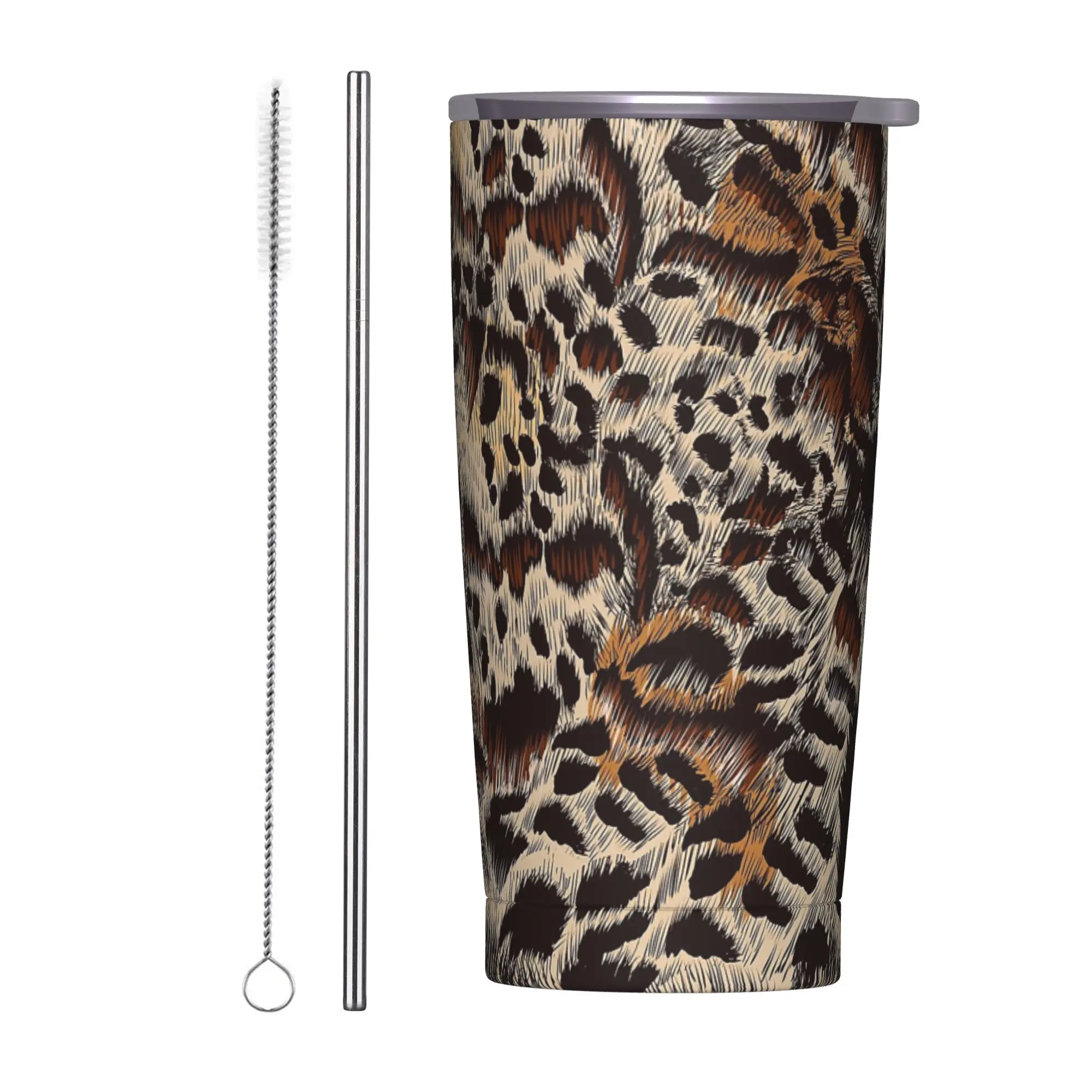 Leopard Animal Fur Pattern Insulated Tumbler with Straws Brown Skin Texture Stainless Steel Thermal Mug Car Bottle Cups, 20oz