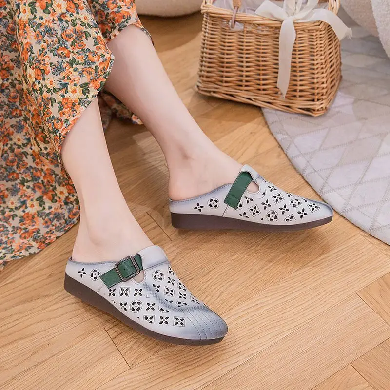 Summer Baotou Half Support Fashion Genuine Leather Beach Women's Slippers