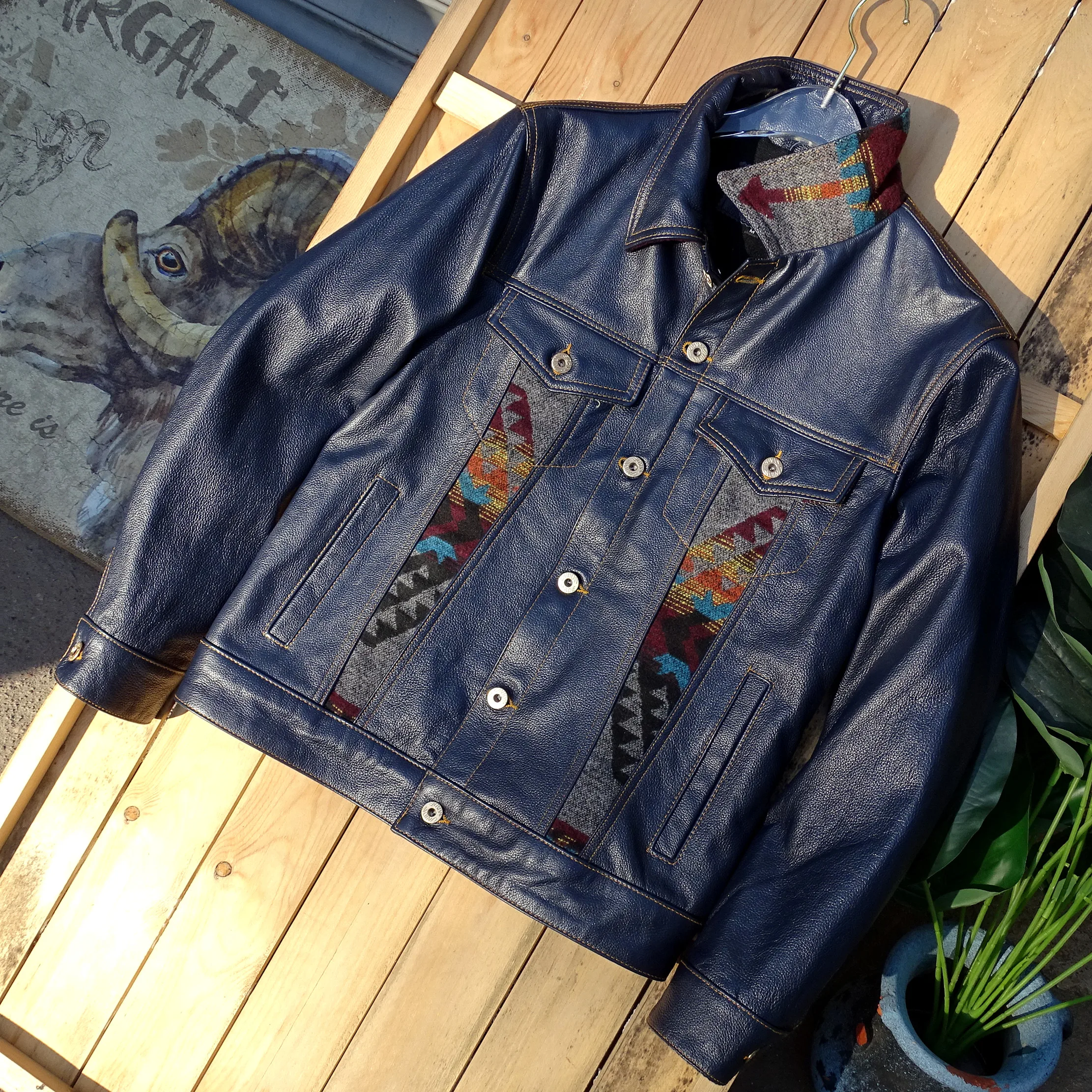Blue Genuine Leather Jaet Warm Inner Navaeho Woolen Denim Retro American Sle ort Fit Youth Spring Casual Faion