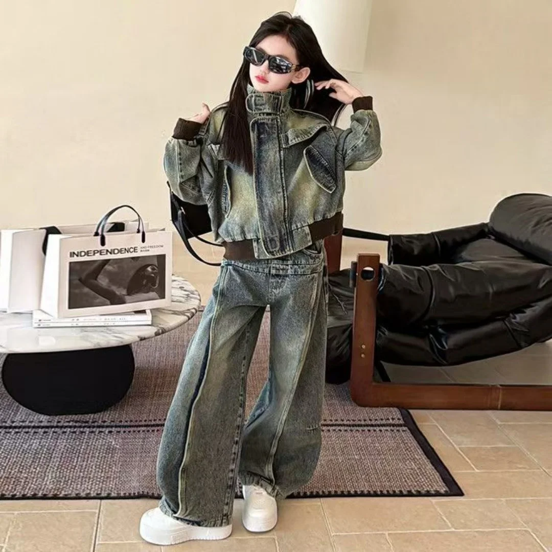 Girls' Spring Clothing Set 2026 New Style Girls' Spring and Autumn American Trendy Cool Cowboy Coat Wide Leg Pants Two Piece Set