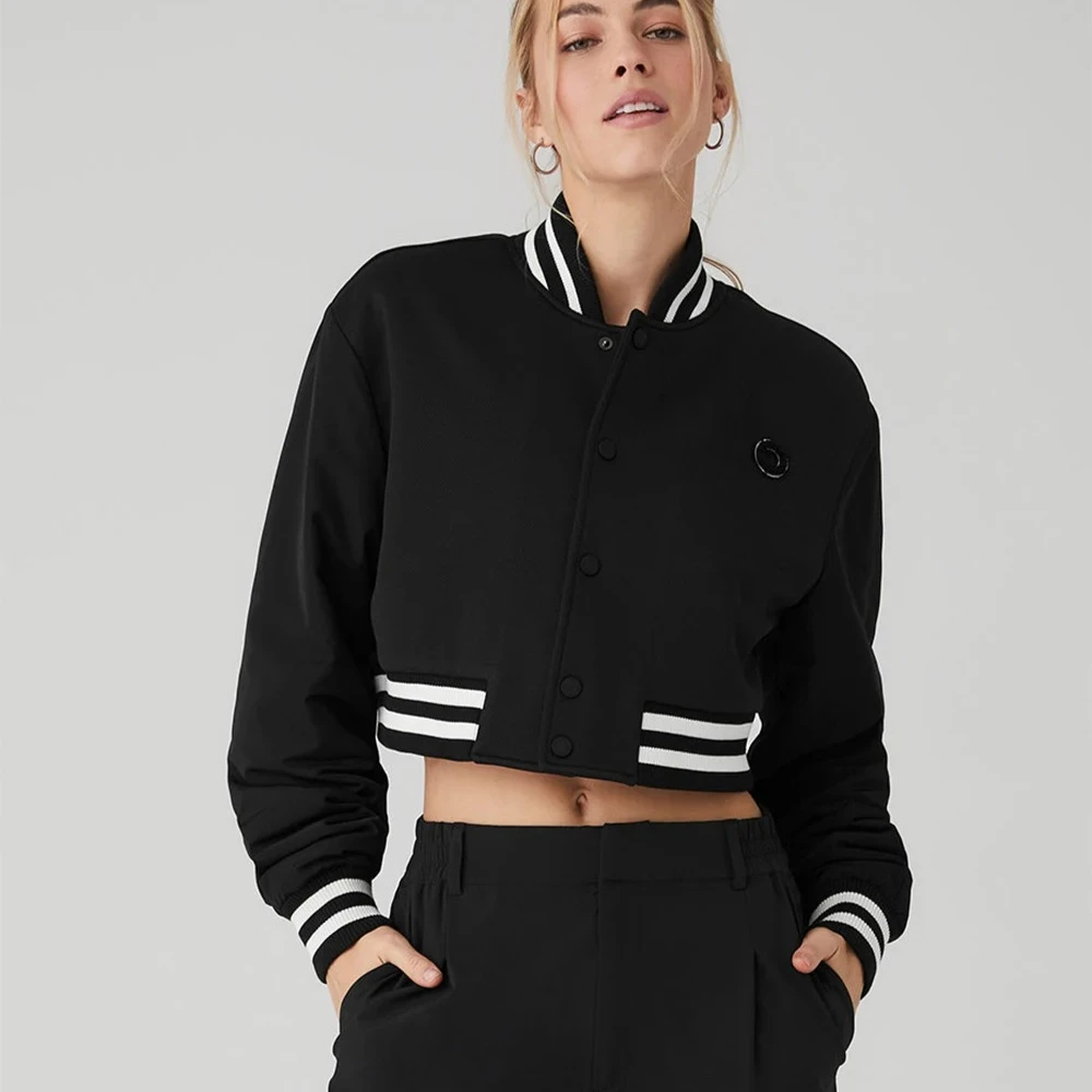 

AL Yoga Cropped G.O.A.T Jacket Women's Warm, Comfortable and Fashionable Jacket Retro Patch Button Ribbed Cuff Top