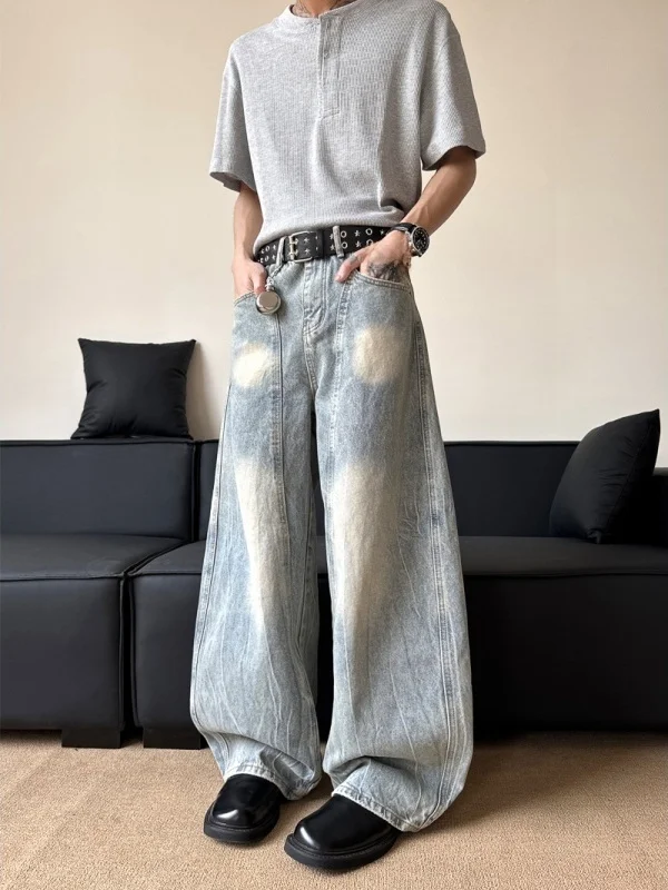 Jean en Denim rétro américain pour hommes, ample, jambes larges, droit, longueur au sol, pantalon tendance, Design au couteau, Sensation