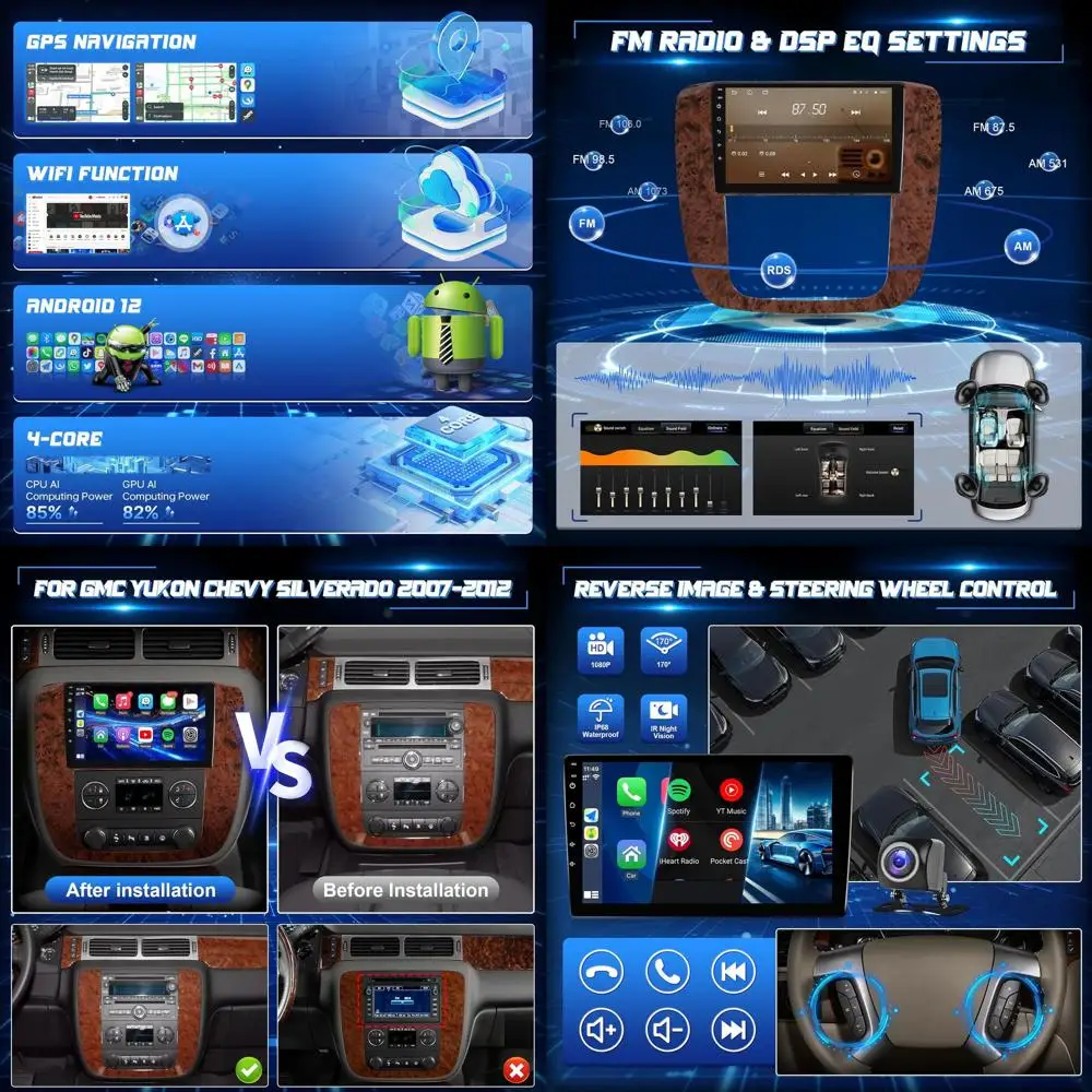 

Автомобильное стерео радио для GMC Yukon Chevrolet Chevy Silverado Tahoe Suburban 2007 2008 2009 2010 2011 2012 Wireless CarPlay Android A