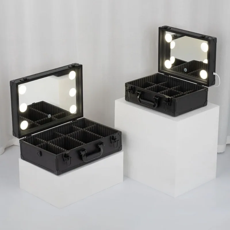 

Metal Black Rectangle Makeup Organizer Mirror Grid Handle Buckle Dressing Case Charge Tri-color Dimming Modern Simple Home Decor