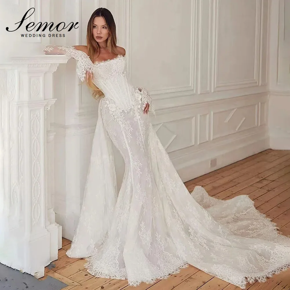 Semor Elegance Beading Embroidery Lace Mermaid Wedding Dresses With 3D Flowers Strapless Removable Sleeves Bridal Cusromized