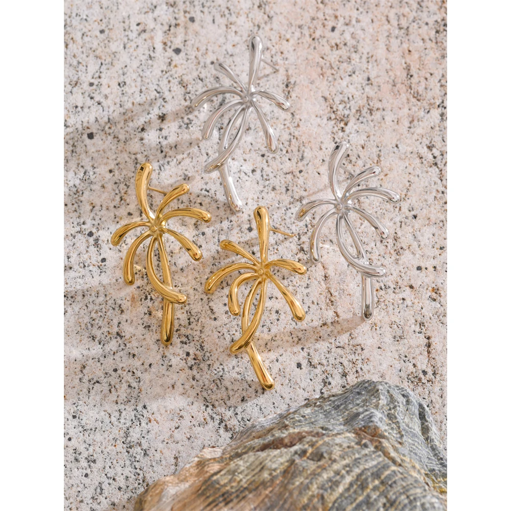 Yhpup Creative Stainless Steel Firework Coconut Tree Shape Stud Earrings Stylish Unique Attractive Jewelry Water Resistant