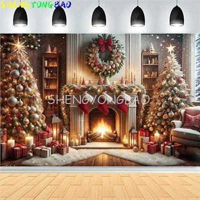 

Christmas Day New Year Party Photography Backdrops Prop Window Living Room Interior Xmas Tree Snow Theme Photo Background GH-31