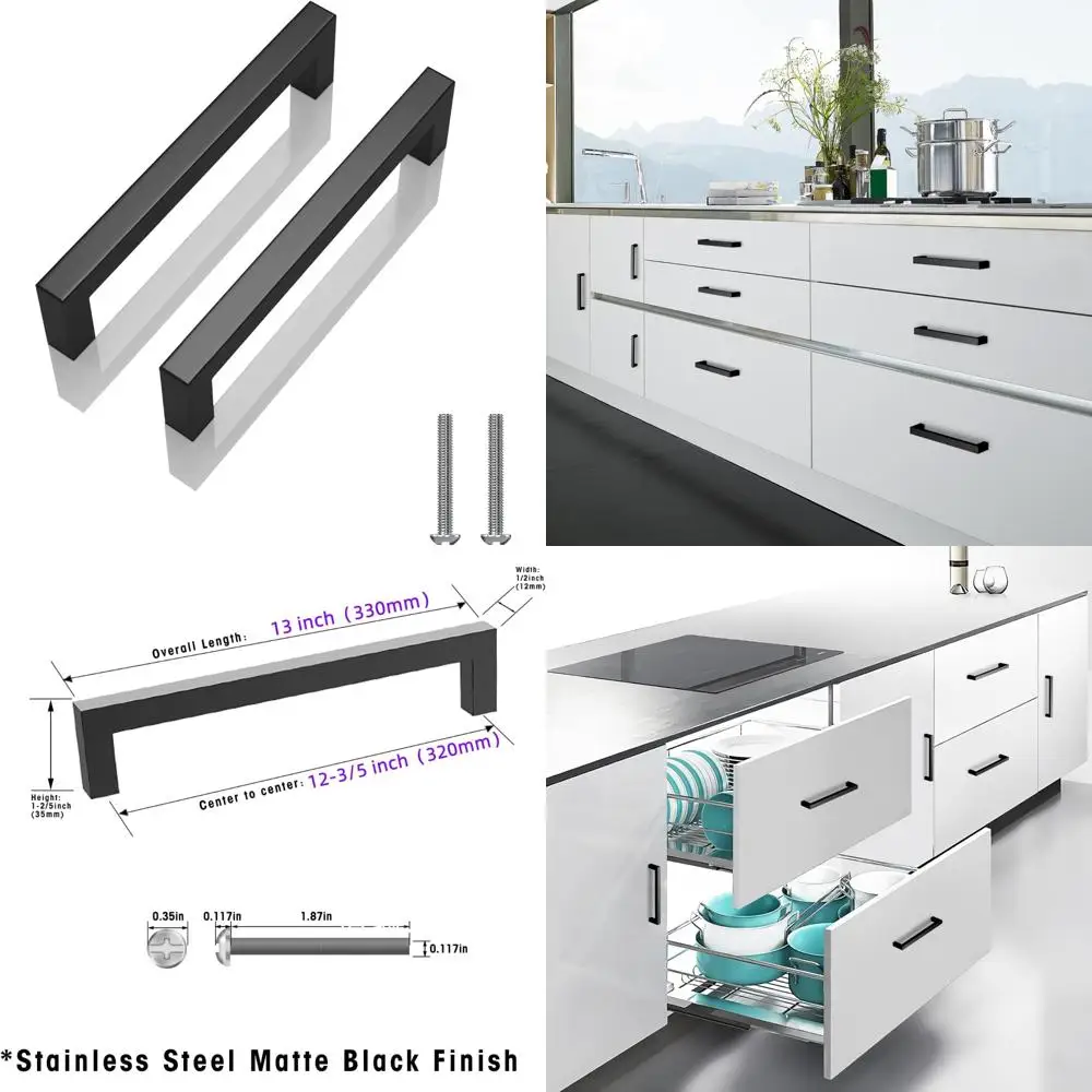 

Matte Black Square Stainless Steel Cabinet Pulls, 12-3/5 Inch Hole to Hole, 20-Pack Kitchen Handles for Dresser and Cabinet Door