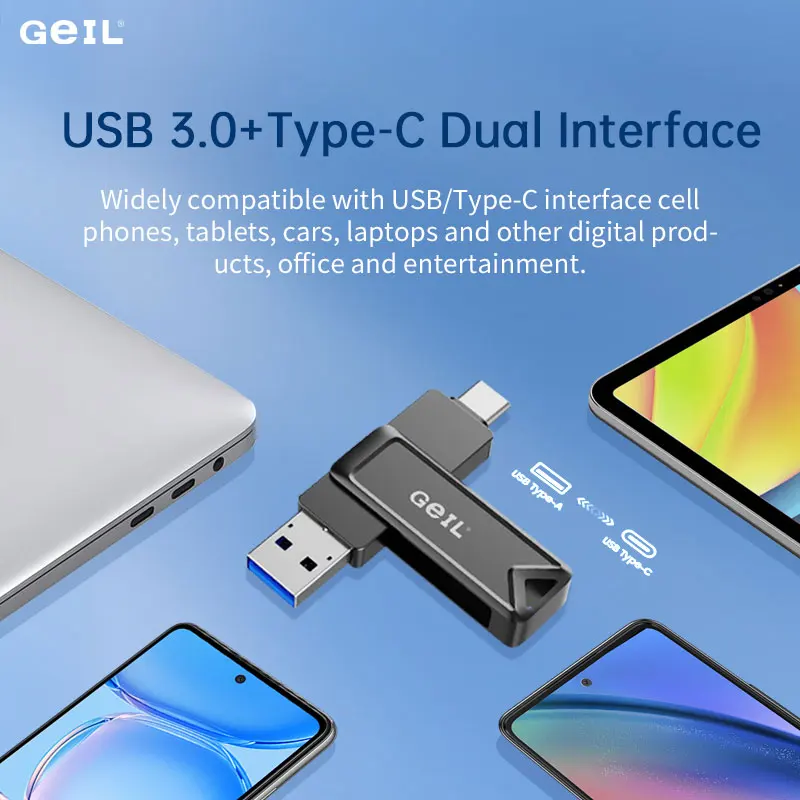 GeIL 금속 USB 3.0 플래시 드라이브, GP130, 32GB, 64GB, 128GB, 256GB, 1TB 저장 장치, 휴대폰 노트북용 고속 메모리 스틱