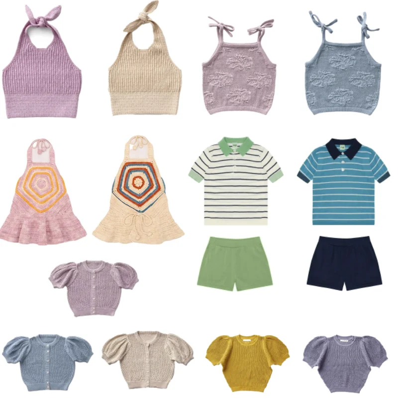 Children's T-shirt 2026 Summer New Striped Fashionable Boy Polo Shirt Shorts Cotton Hanging Neck Girl Dress Hollow Knit Sweater