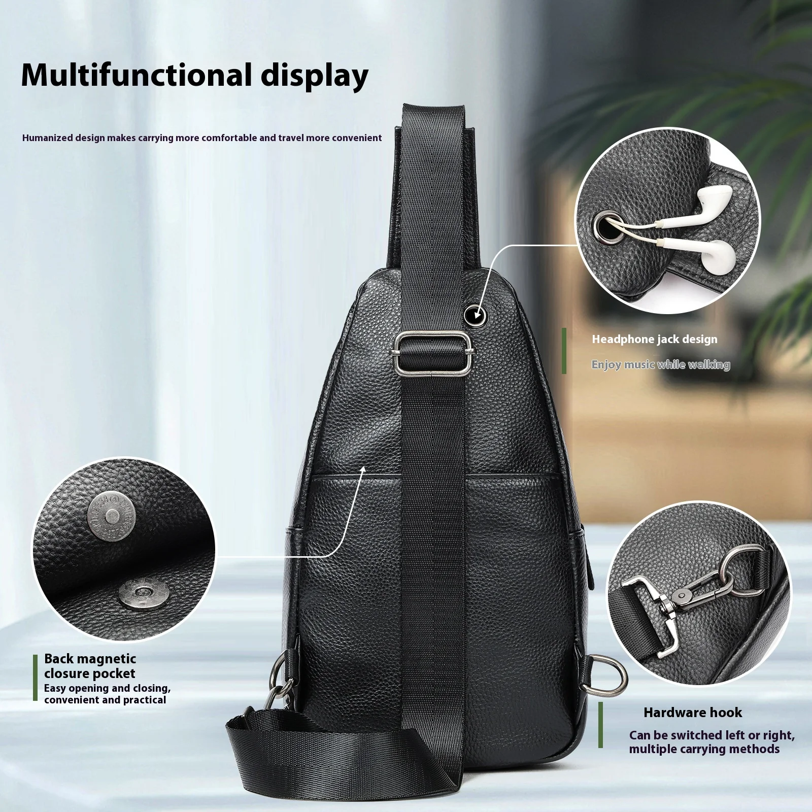 Genuine Leather Chest Bag for Men, Cowhide Single Shoulder Crossbody Bag