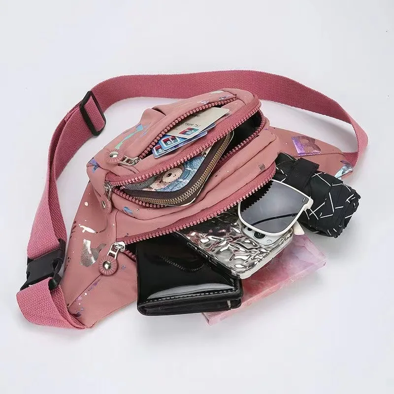 Women Printed Stitching Oxford Fabric Fanny Pack, Lightweight Multi Pocket Casual Waist Bag for Daily Commute Travel view 3