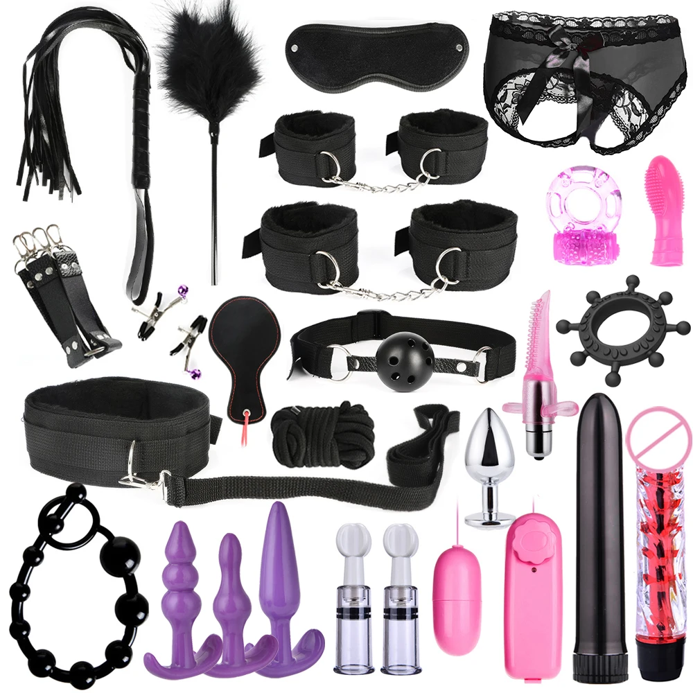 BDSM Kits Adults Sex Toys For Women Men Handcuffs Nipple Clamps Whip Spanking Sex Metal Anal Plug Vibrator Butt Bdsm Bondage Set