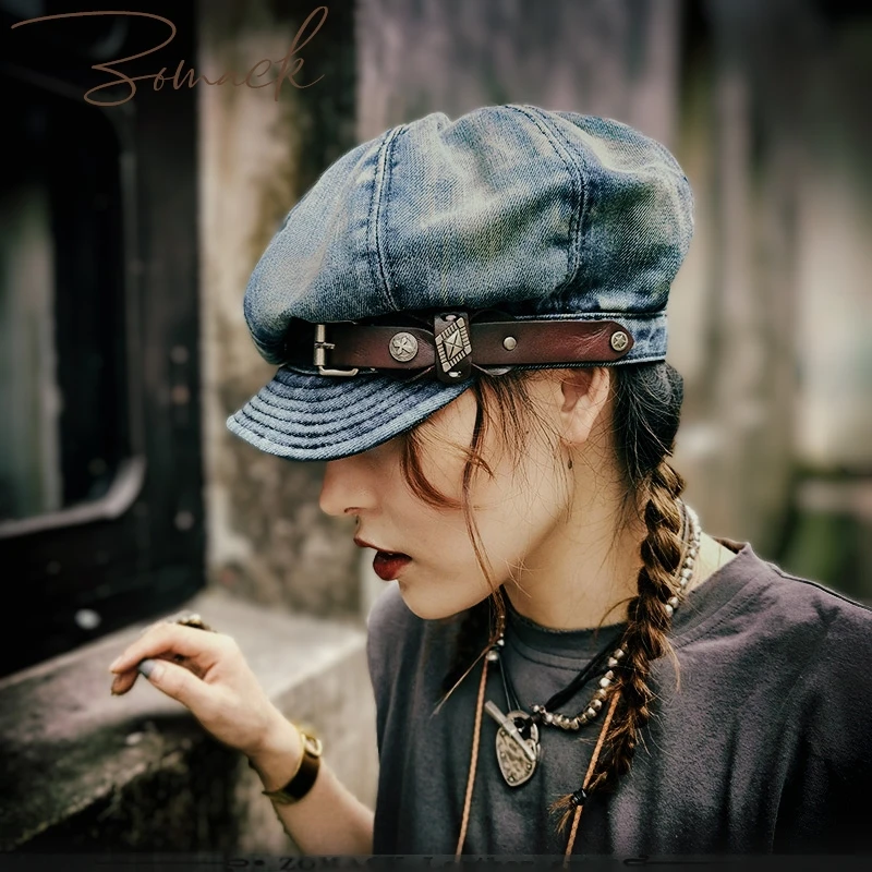 Handmade Retro Beret Male Newsboy Postman All-Matching Octagonal Hat Painter Leather Belt Distressed Japanese Fashion Ins