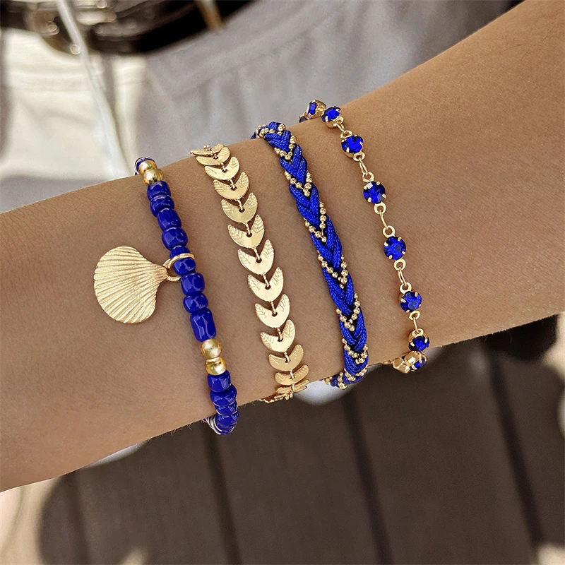 4pcs/set Bohemia Shell Bracelets for Women Ethnic Style Colorful Zircon Rice Beads Metal Chain Bangles Summer Beach Jewelry