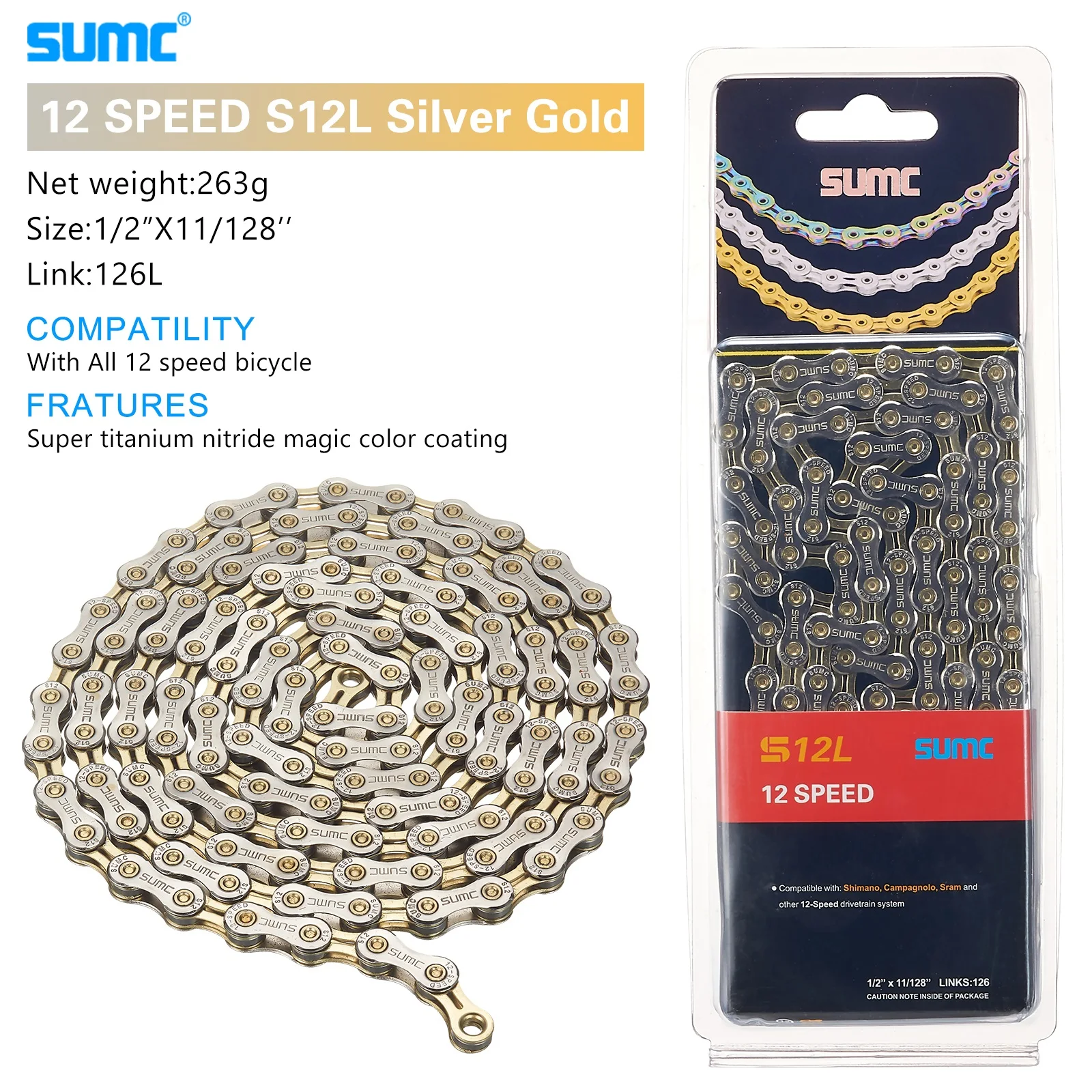 Bicycle Shifting Chain SUMC Mountain Road 8 9 10 11 12 Speed Hollow Ultra Light Gold Chain 251g with Missinglink M8000 M6000