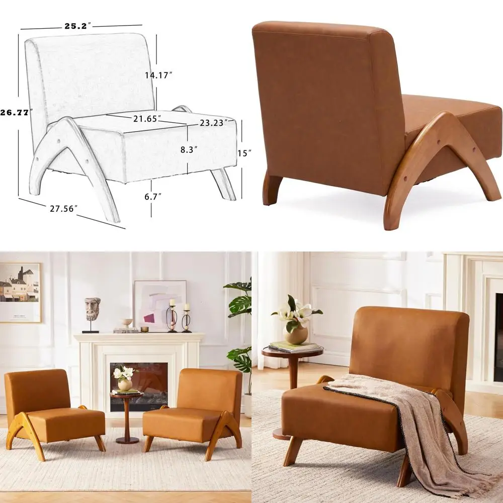 

Large Cognac Brown Leather Accent Chair with Wooden Legs for Living Room, Bedroom, or Office