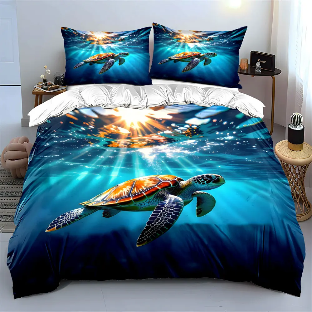 Colorful sea turtle swimming under sunlight Print Bedding set 3PC 1 duvet cover 2 pillowcases adult and children bedding set