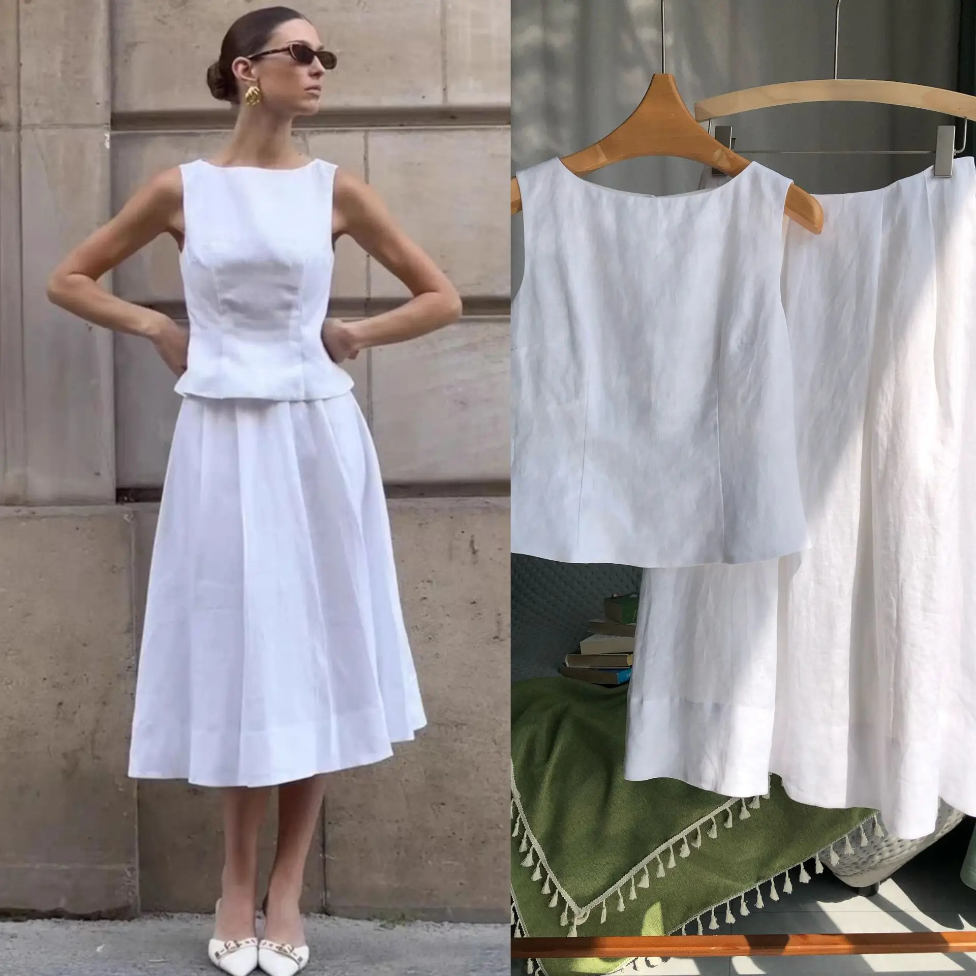

Elegant Lady Slim Snow White Linen Suit Sleeveless Top + Skirt Skirt Sets 2 Piece Skirt Set Women