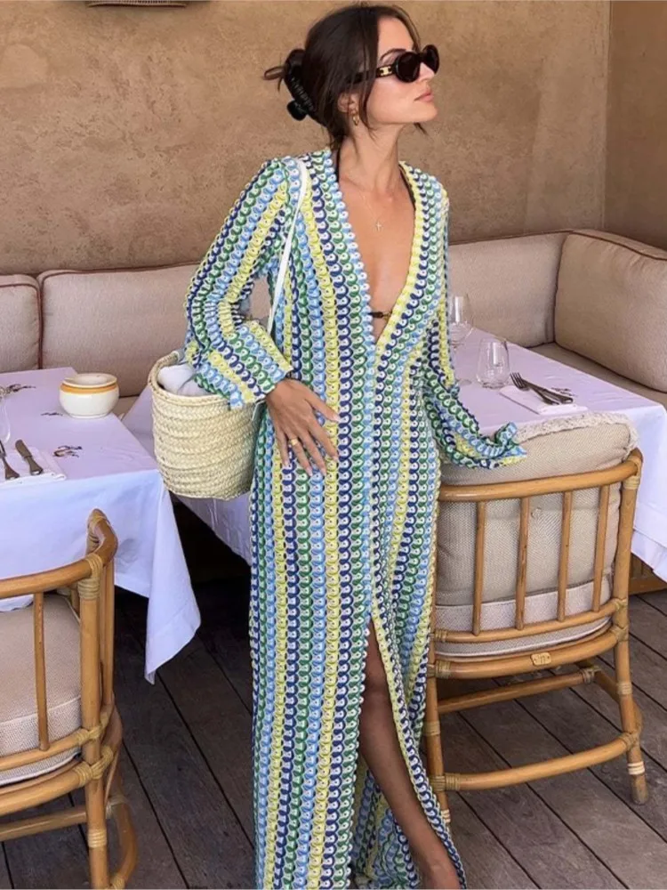 خريف جديد الكروشيه الملونة شريط فستان ماكسي المرأة موضة العميق الخامس الرقبة عالية سبليت مثير فساتين طويلة الشاطئ مأدبة Vestidos