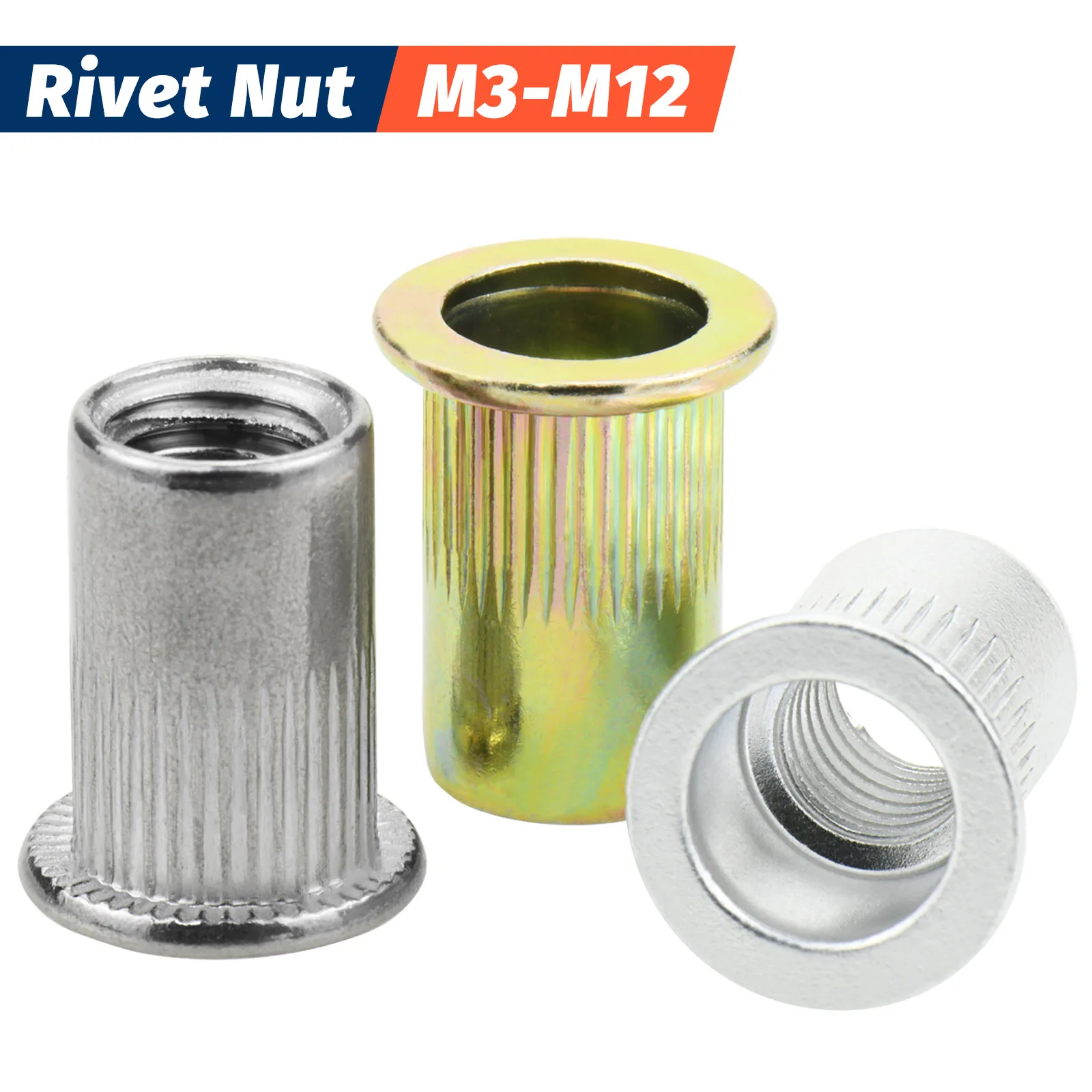 Metric Rivet Nut M12 M10 M8 M6 M5 M4 M3 Flat Head Rivnut Threaded Insert Nut Yellow Zinc Stainless Steel 304 Aluminum Nutsert