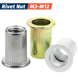 Metrische klinkmoer M12 M10 M8 M6 M5 M4 M3 platte kop klinkmoer schroefdraad inzetmoer geel zink roestvrij staal 304 aluminium moeren