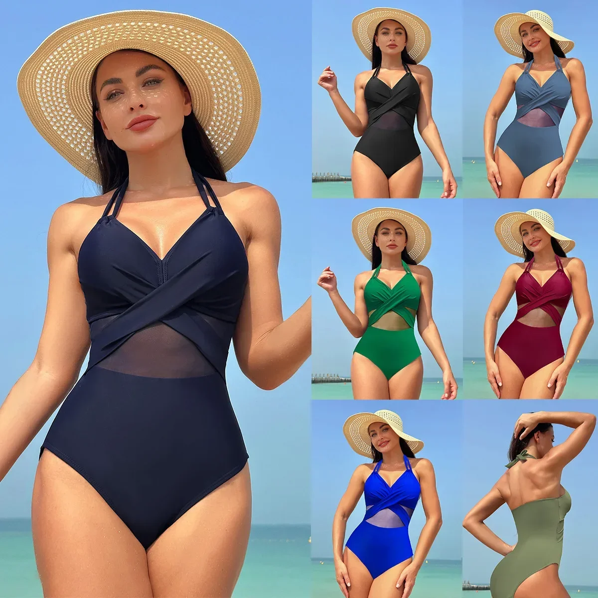 2024 New One Piece Swimsuit Womens Solid Color Mesh Swimsuit Bikini Swimwear Women