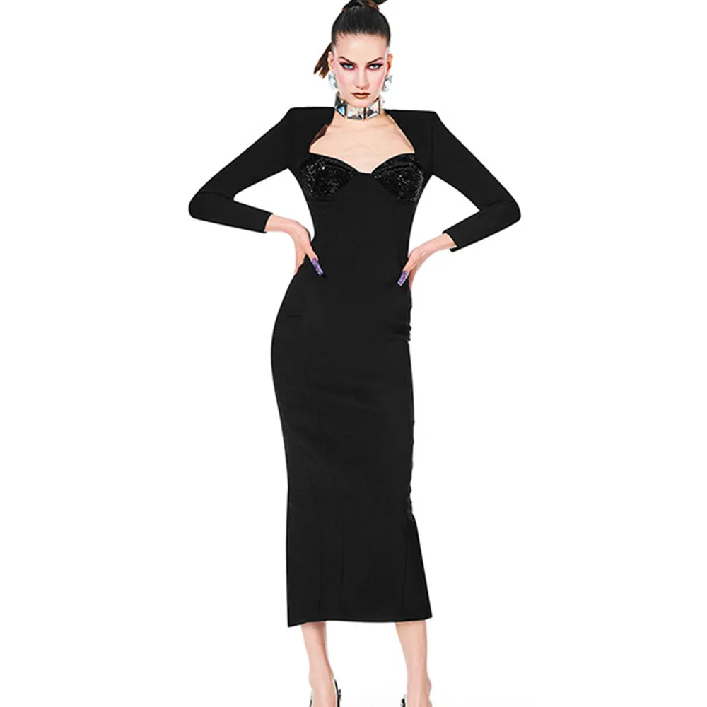 

Black Crystal Women Prom Dress Sexy Side Split Bandge Party Gown Full Sleeve Mermaid Slim Fit Homcoming Robes Skirt In Stock